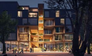 Amsterdam (Pays-Bas) : Ces modules préfabriqués de logements en bois ont été conçus selon des principes circulaires, avec un bilan énergétique positif. Ce projet, baptisé Juf Nienke, est l'un des immeubles d'habitation les plus durables des Pays-Bas. Réalisation : SeARCH, RAU et DS © 3D Studio Prins